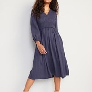 Waist-Defined Puff-Sleeve Smocked Midi Dress